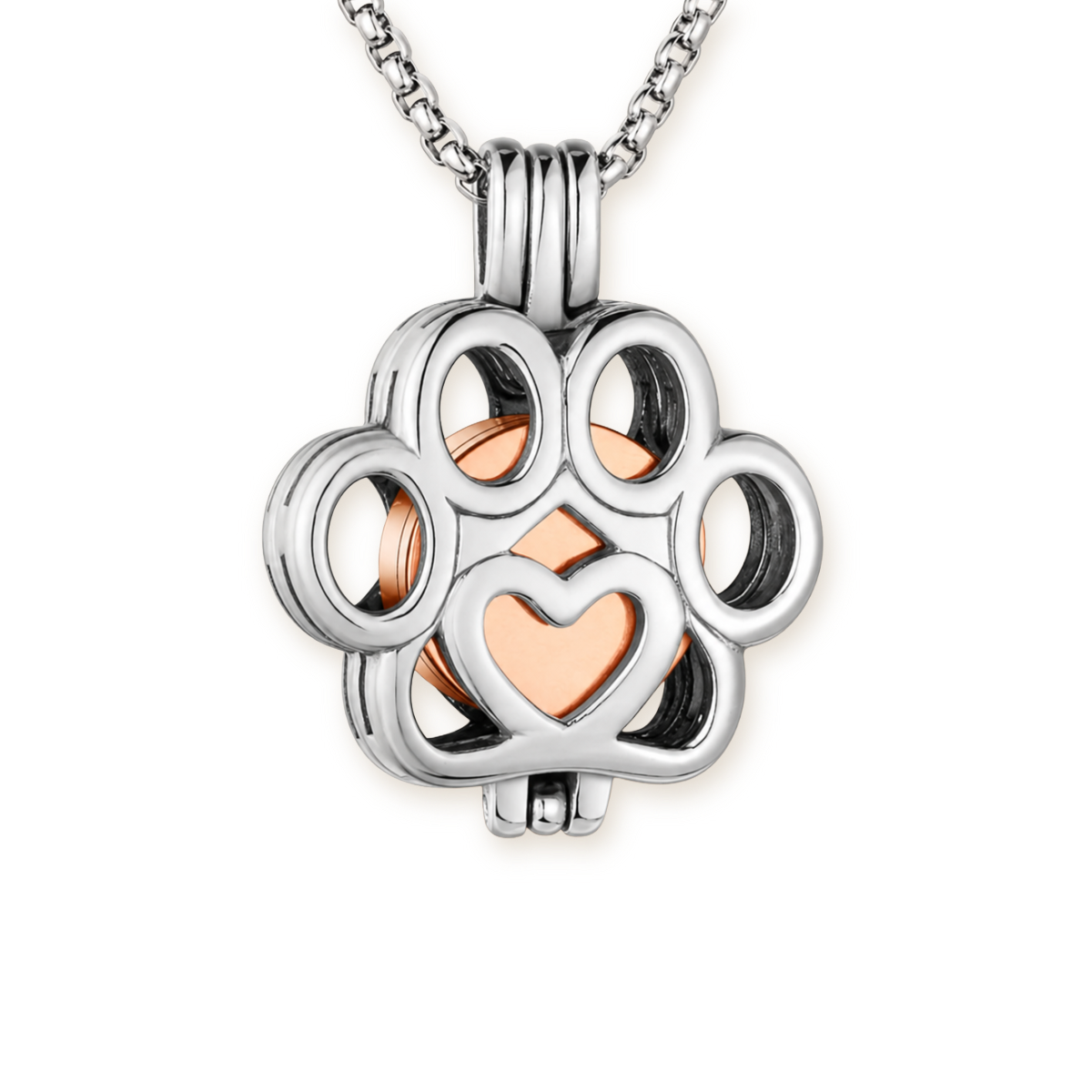 Paw Print Urn Necklace — Open Cage Pendant with Rose Gold Heart, Stainless Steel