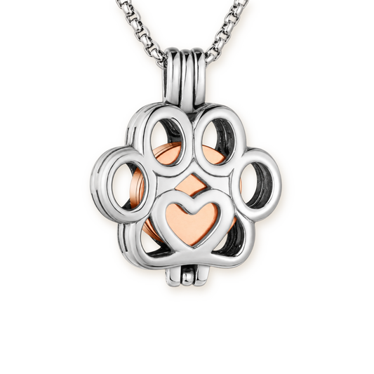 Paw Print Urn Necklace — Open Cage Pendant with Rose Gold Heart, Stainless Steel