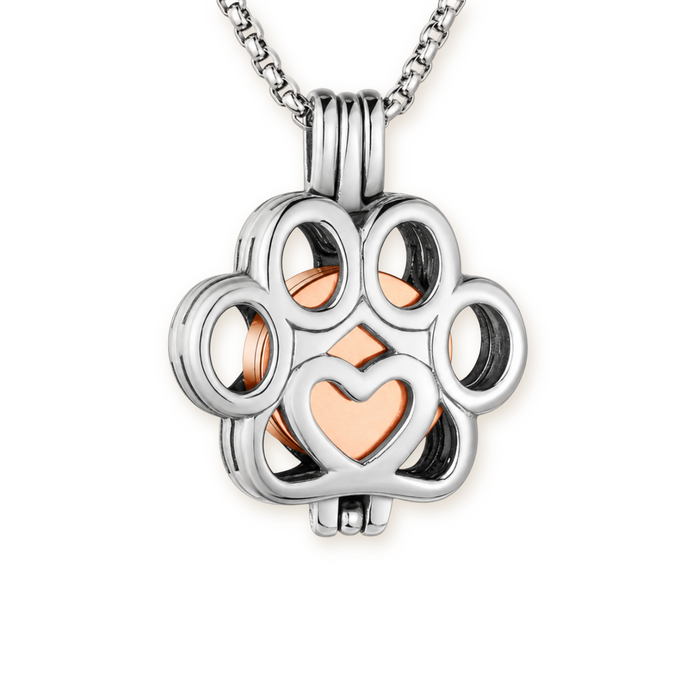 Paw Print Urn Necklace — Open Cage Pendant with Rose Gold Heart, Stainless Steel