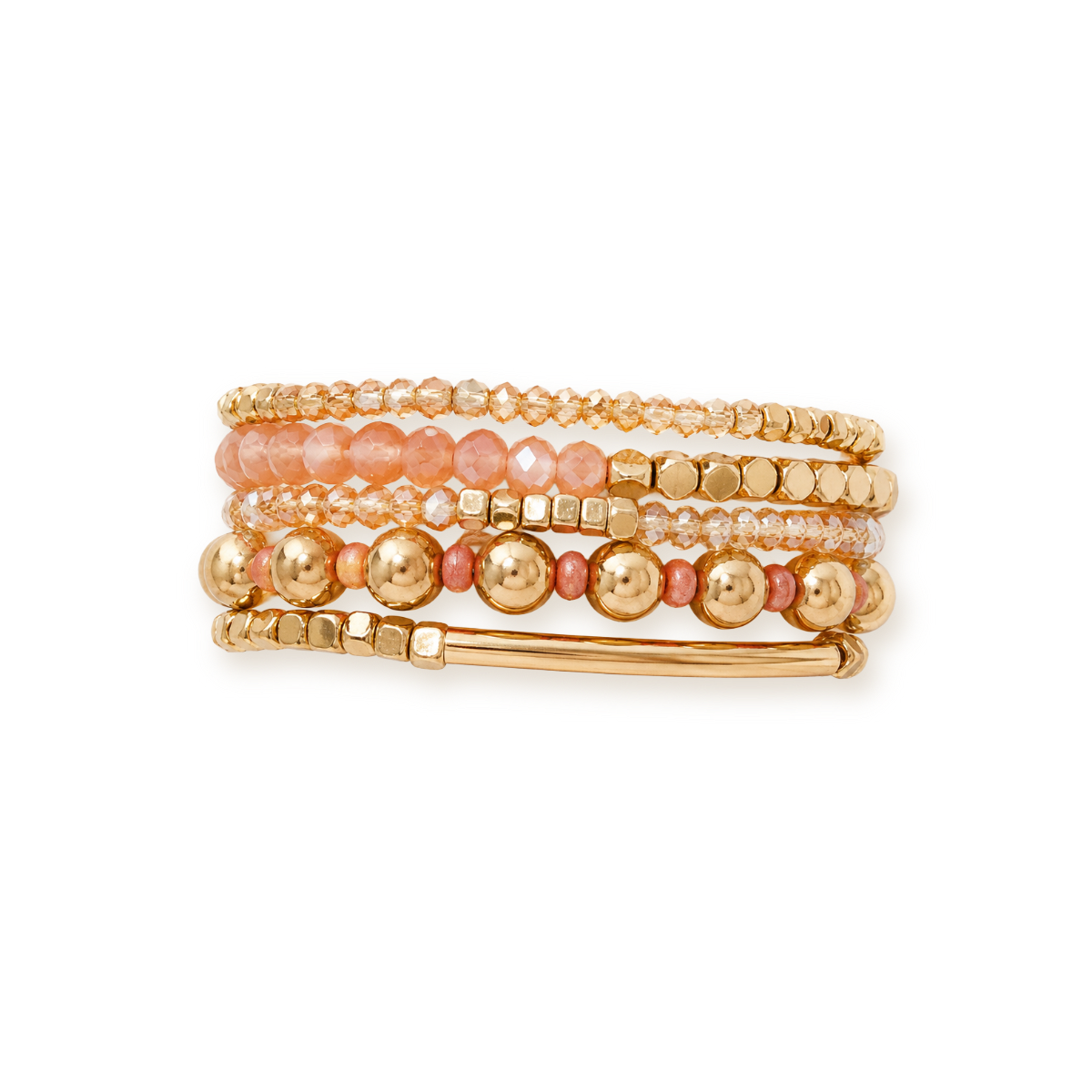 Rose Quartz Bracelet Stack — Beaded Set with Gold-Tone Accents