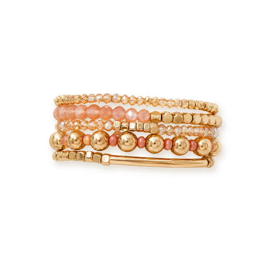 Rose Quartz Bracelet Stack — Beaded Set with Gold-Tone Accents