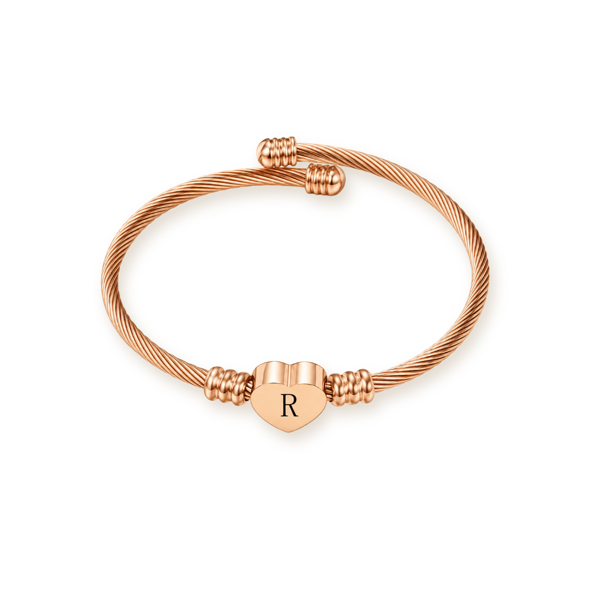 Rose Gold Heart Cuff — Twisted Cable Bangle with Initial