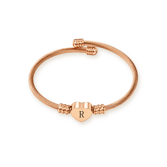 Rose Gold Heart Cuff — Twisted Cable Bangle with Initial