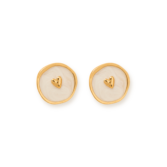 Celestial Heart Studs — Handmade Enamel Rounds with Gold Heart