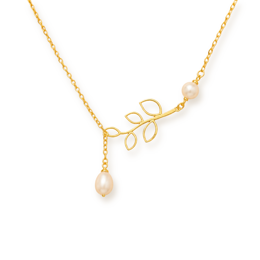 Pearl Lariat Necklace — Leaf Branch Drop in Yellow or White Gold