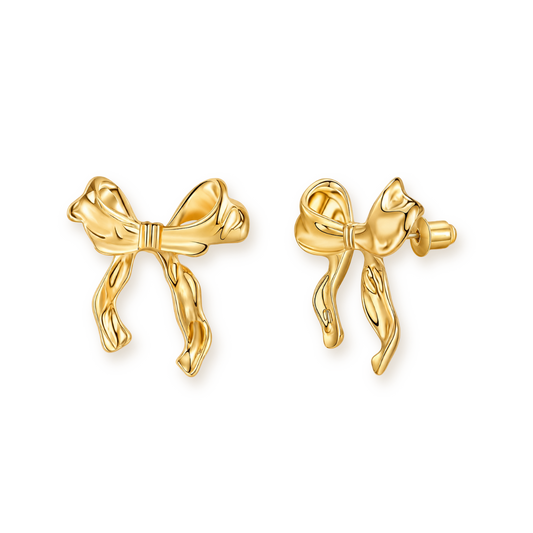 Ribbon Bow Studs — Gold Tone Statement Earrings