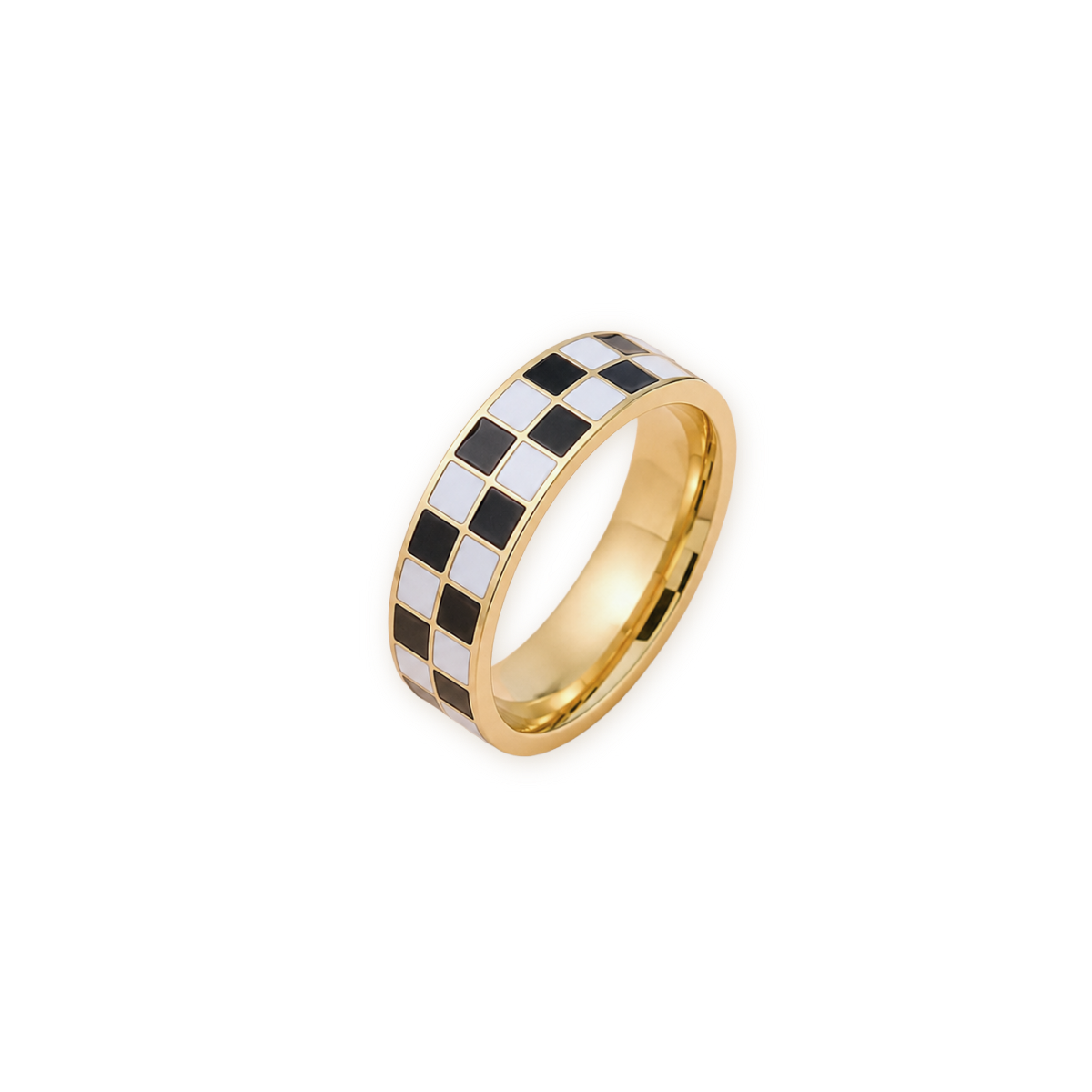 Checkerboard Ring — Black and White Enamel on Gold