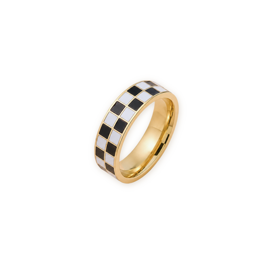 Checkerboard Ring — Black and White Enamel on Gold