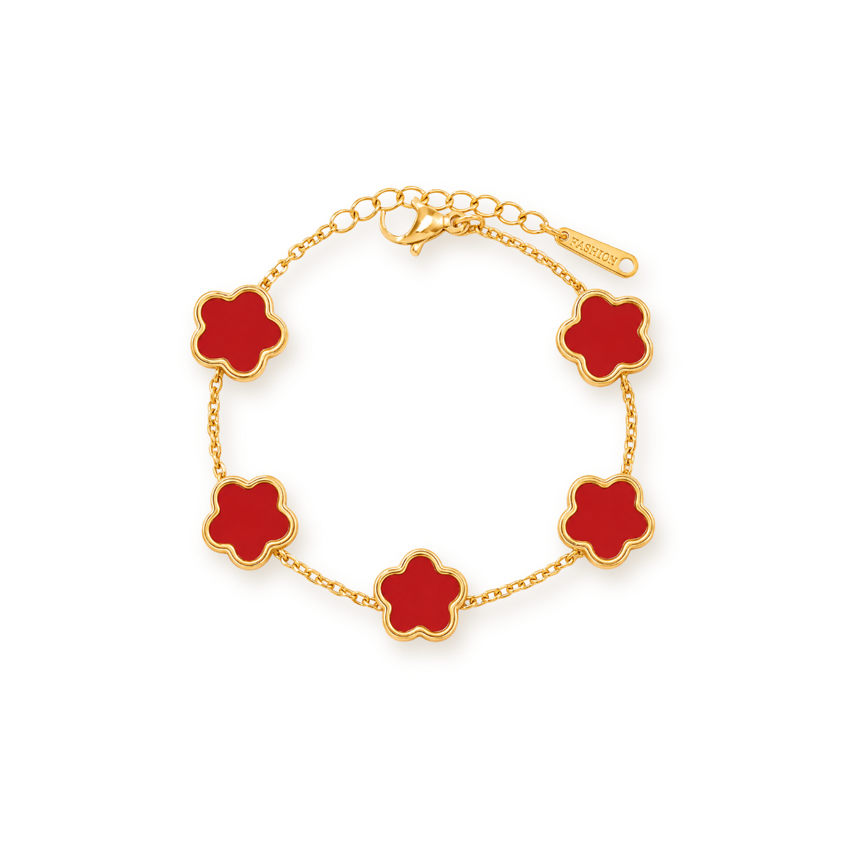 Four Leaf Clover Bracelet — Red Chalcedony on Gold Tone Chain