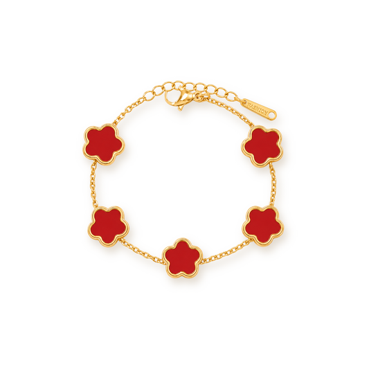 Four Leaf Clover Bracelet — Red Chalcedony on Gold Tone Chain