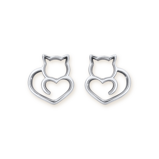 Kitten Stud Earrings — Sterling Silver Cat and Heart