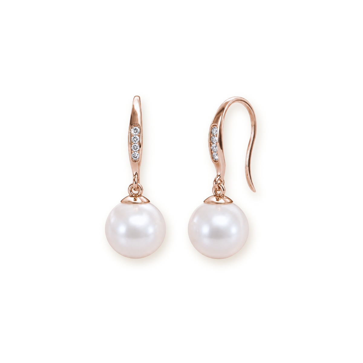 Rose Gold Pearl Drop Earrings — Pavé Hook Dangles with Round Pearl