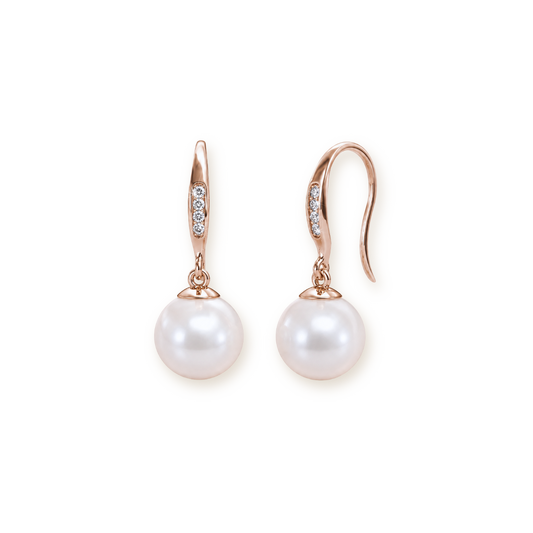 Rose Gold Pearl Drop Earrings — Pavé Hook Dangles with Round Pearl