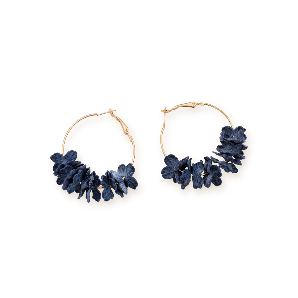 Floral Gold Hoops — Navy Petal Clusters on a Fine Hoop