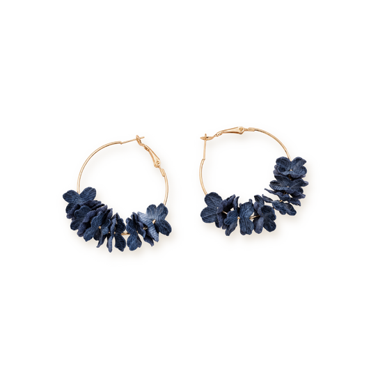 Floral Gold Hoops — Navy Petal Clusters on a Fine Hoop