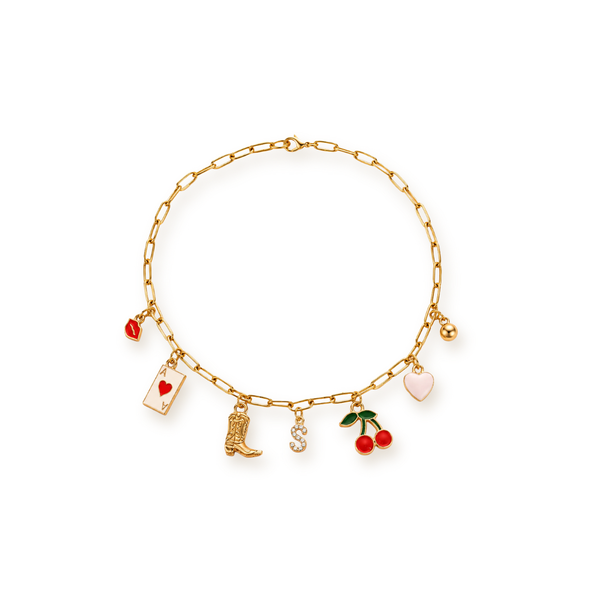 Western Charm Necklace — Dainty Gold Chain with Cowboy Boot, Cherry & Heart Charms
