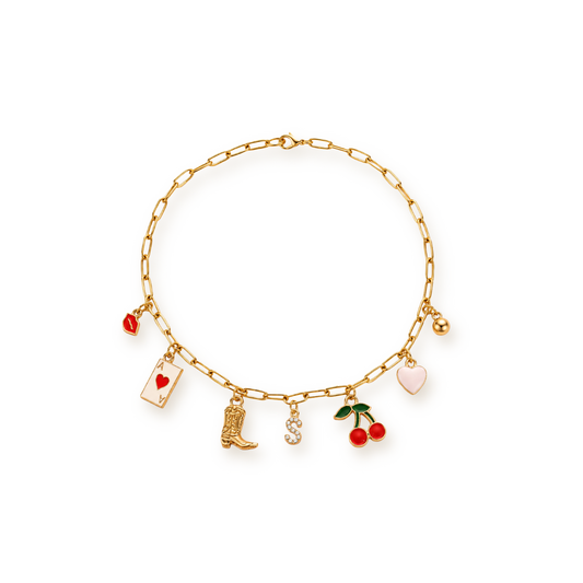 Western Charm Necklace — Dainty Gold Chain with Cowboy Boot, Cherry & Heart Charms