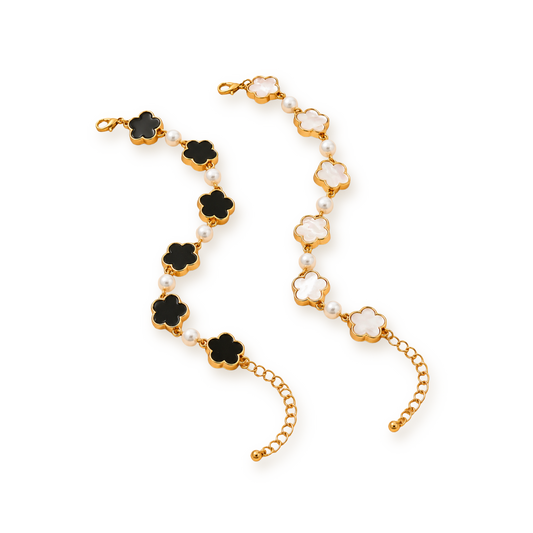 Clover Flower Bracelet — Black or White on 18K Gold Plating
