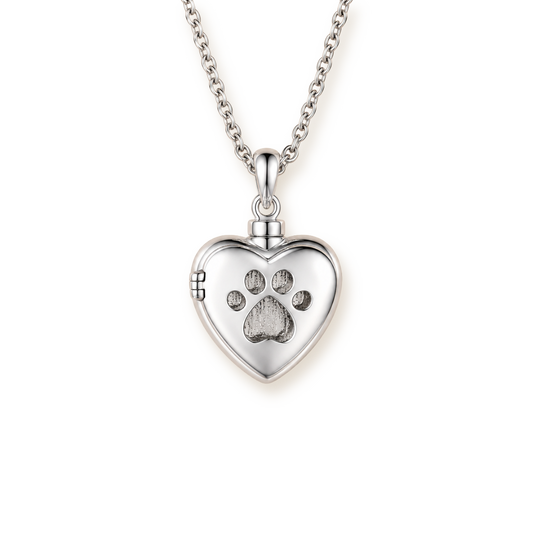 Heart Locket Urn Necklace — 925 Silver with Paw Print