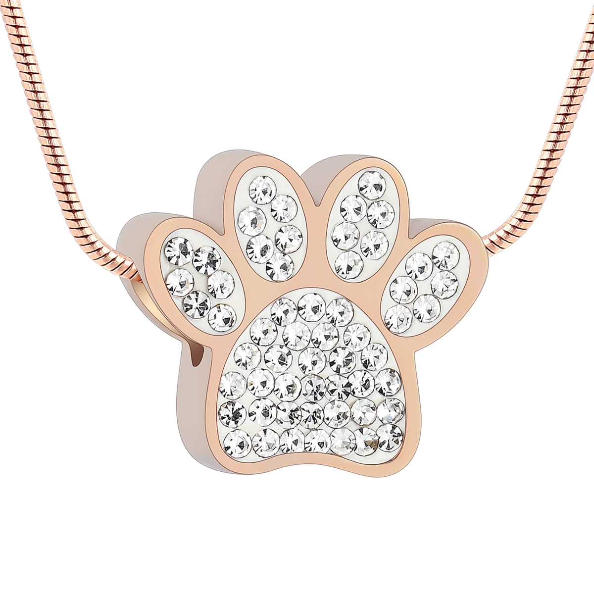 Crystal Paw Print Urn Necklace — Discreet Pet Cremation Pendant, Rose Gold Stainless Steel