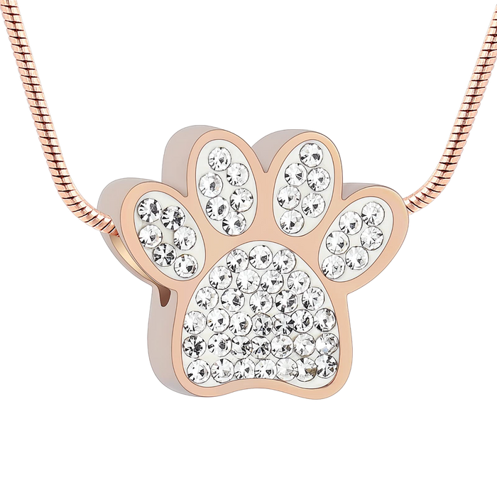 Crystal Paw Print Urn Necklace — Discreet Pet Cremation Pendant, Rose Gold Stainless Steel