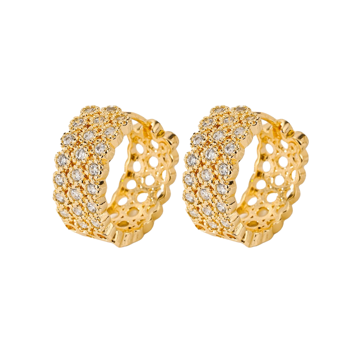 Gold Pavé Huggie Hoops — Chunky Crystal Earrings with Openwork Lace Detail