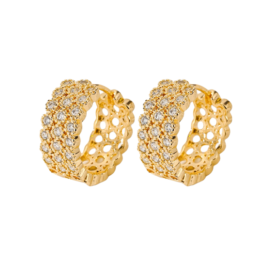 Gold Pavé Huggie Hoops — Chunky Crystal Earrings with Openwork Lace Detail