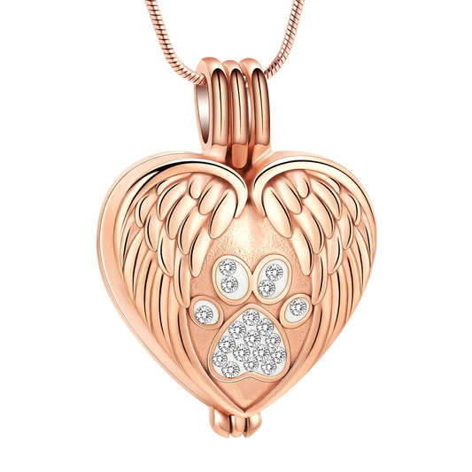 Paw Print Memorial Necklace — Heart Urn Pendant with Angel Wings for Pet Ashes