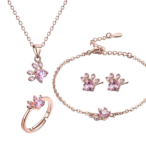 Rose Gold Paw Print Jewelry Set — Necklace, Bracelet, Stud Earrings & Adjustable Ring