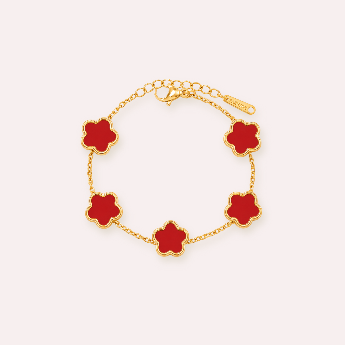 Four Leaf Clover Bracelet — Red Chalcedony on Gold Tone Chain
